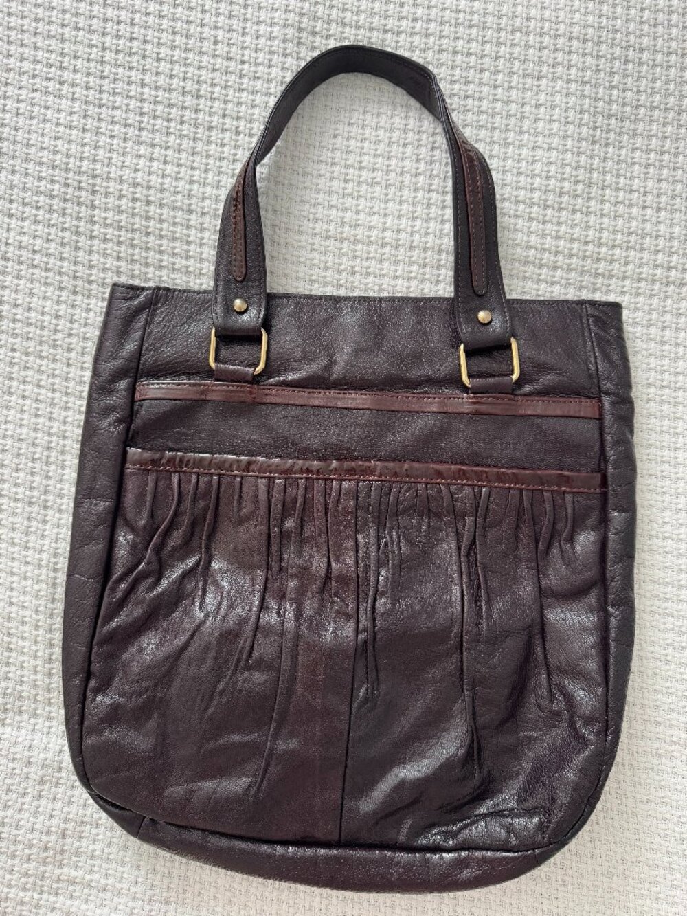 Lauren Merkin Brown Leather Pleated Tote Bag Gold Hardware